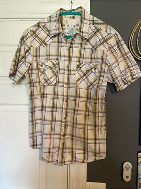 Kirra Men’s Short Sleeve Plaid Button-Up Shirt - Cream, Yellow, Black